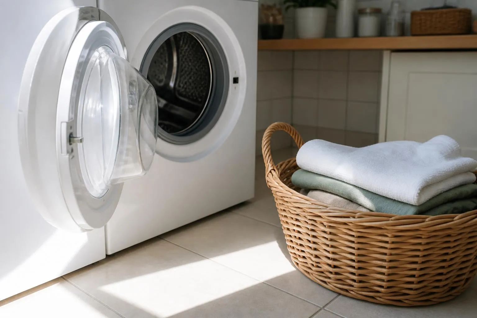 Hublot de lave-linge ouvert dans une buanderie, panier de linge posé à côté, lumière de milieu de journée entrant par la fenêtre