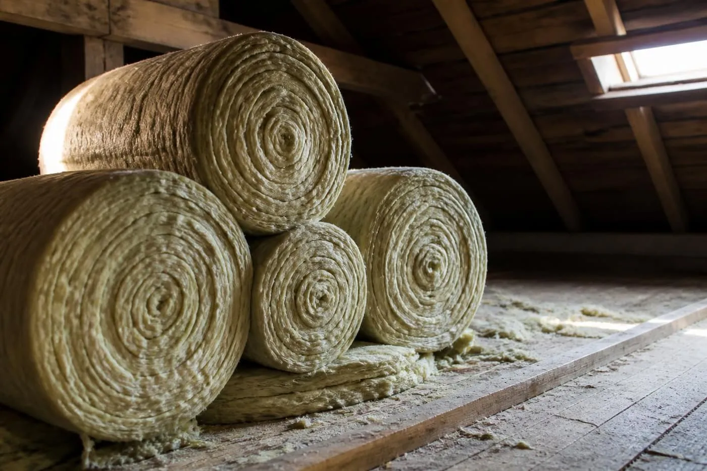 Rouleaux de laine minérale empilés sur le plancher de combles, sous la charpente