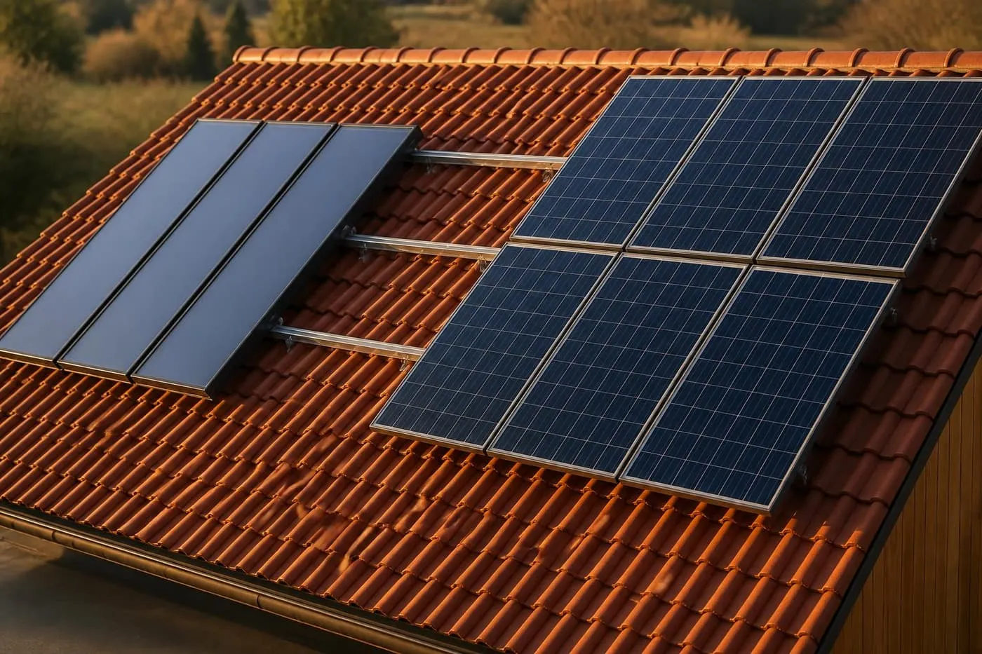 Capteurs solaires thermiques et modules photovoltaïques posés côte à côte sur le pan sud d'une toiture en tuiles