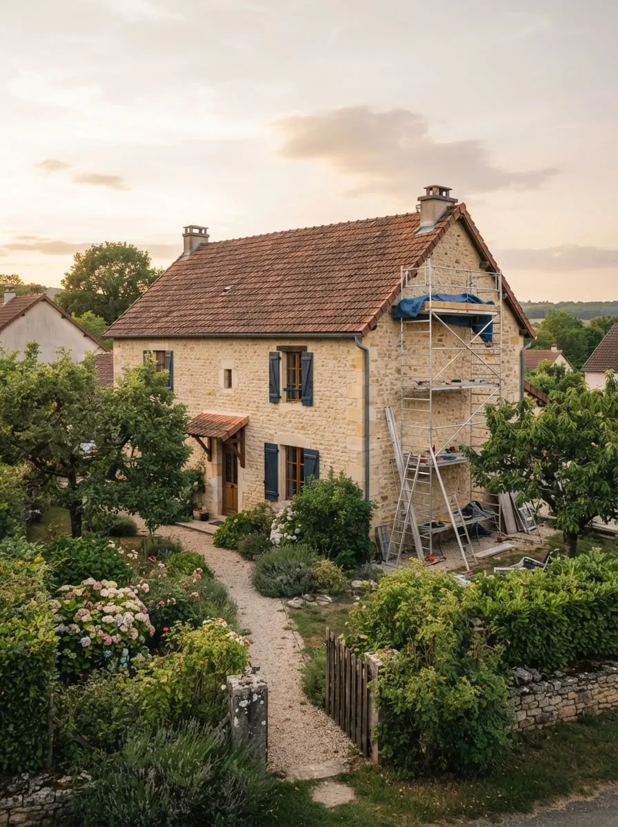 Une maison en pierre dont le pignon est monté en échafaudage, en fin de journée